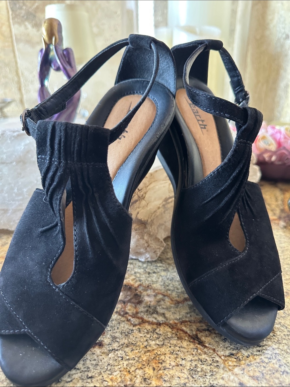 Earth Origins Black Suede Peep-Toe Slingback Heels worn once